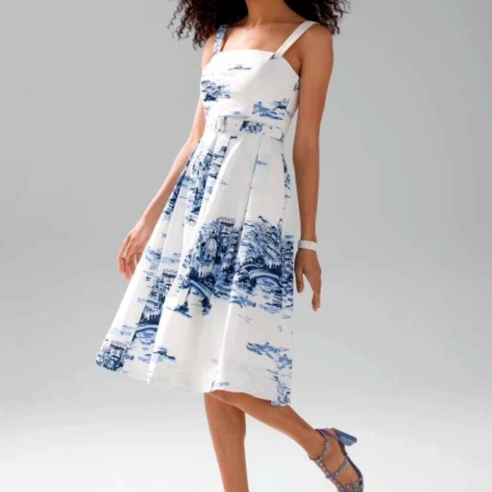 White House Black Market Blue and White Midi Dress